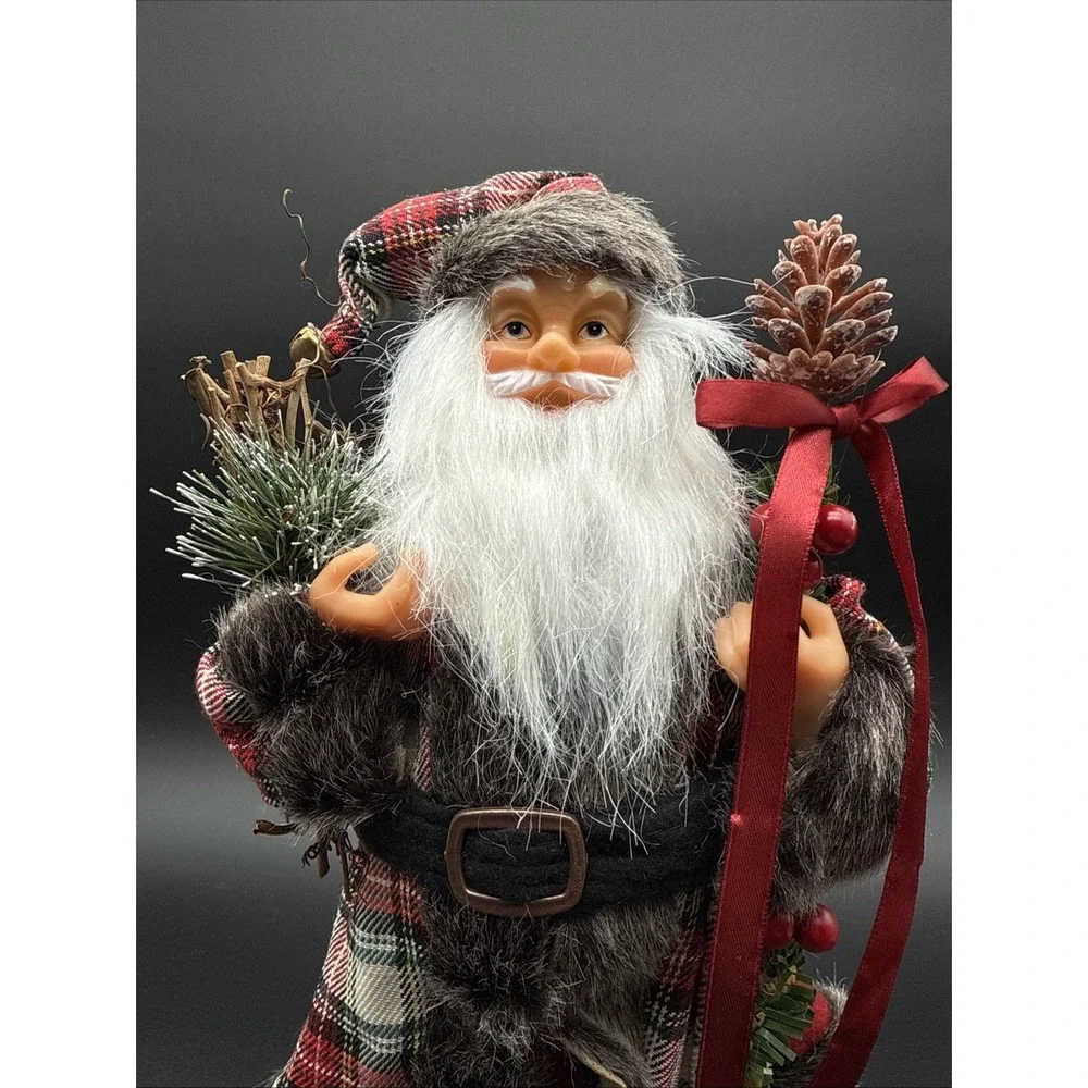 Woodland Santa Claus Standing Cozy Plaid W Fur Trim Carrying Twigs 12in‎
